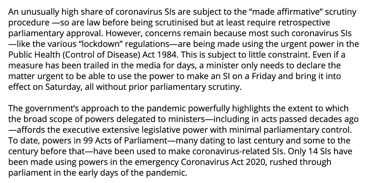 As  @RuthFox01 and  @Brigid_Fowler of the  @HansardSociety have argued, the extensive use of this procedure for coronavirus-related legislation raises serious concerns, given the ‘inadequate scrutiny process’ inherent in this approach. /5  https://www.prospectmagazine.co.uk/politics/brexit-parliament-scrutiny-secondary-legislation-statutory-instruments-ministers
