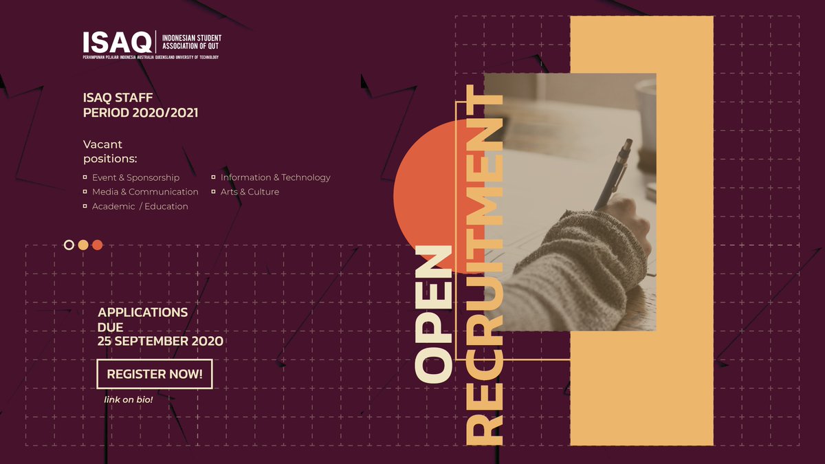 Hi Everyone, welcome to a new chapter of ISAQ!

Join us in this recruitment for our 2020/2021 period committee. 
To register, simply fill the form below
forms.gle/QYjJzjYUiHLUEk…

For more info, contact us through our Direct Message, or reach us through
+61 490 361 215 (Nabella)
