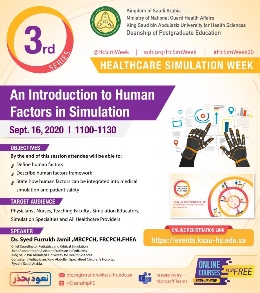 simsaudi's tweet photo. Joining in the global celebration of #HcSimweek20 , PTC at KSAU- HS have planned an exciting week to show the importance of healthcare simulation in improving medical education outcomes and #PatientSafety  @SSHorg @HcSimWeek @HealthySim @ssshksa @FurrukhJamil #لنكن_مبدعين https://t.co/qixWpnnAVJ