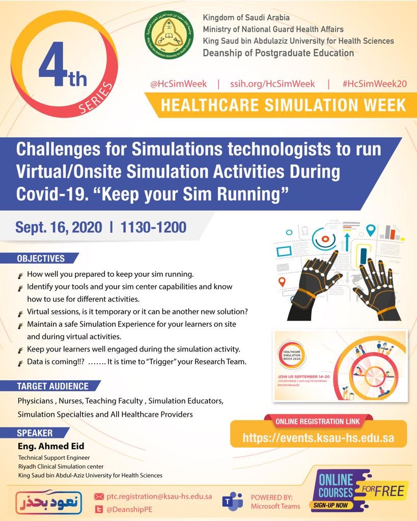 simsaudi's tweet photo. Joining in the global celebration of #HcSimweek20 , PTC at KSAU- HS have planned an exciting week to show the importance of healthcare simulation in improving medical education outcomes and #PatientSafety  @SSHorg @HcSimWeek @HealthySim @ssshksa @FurrukhJamil #لنكن_مبدعين https://t.co/qixWpnnAVJ