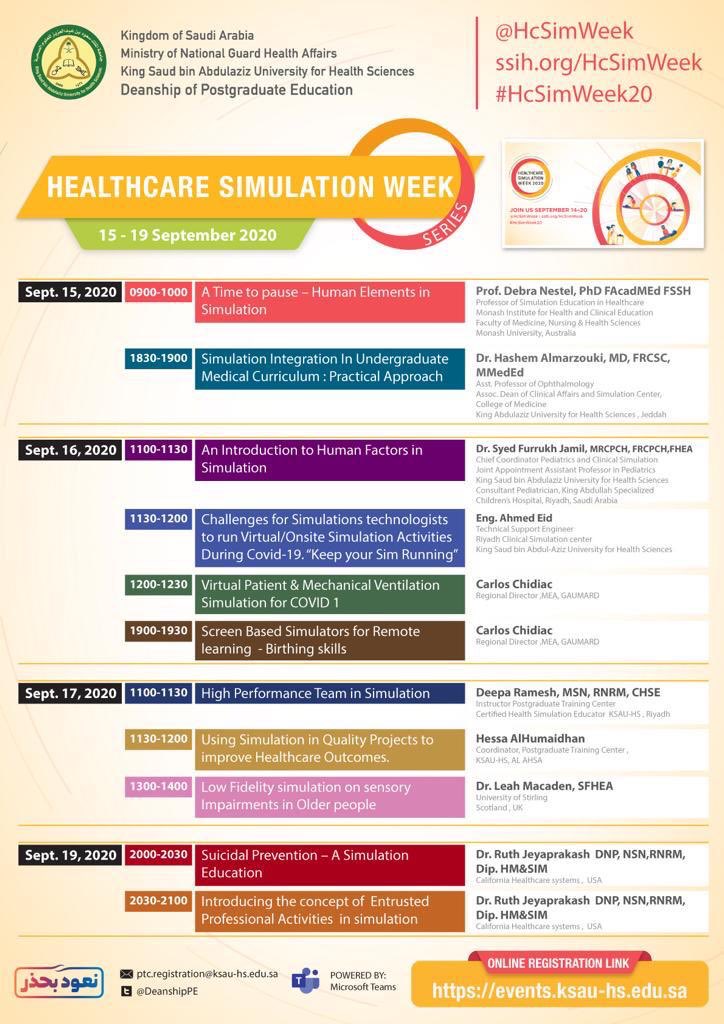 simsaudi's tweet photo. Joining in the global celebration of #HcSimweek20 , PTC at KSAU- HS have planned an exciting week to show the importance of healthcare simulation in improving medical education outcomes and #PatientSafety  @SSHorg @HcSimWeek @HealthySim @ssshksa @FurrukhJamil #لنكن_مبدعين https://t.co/qixWpnnAVJ
