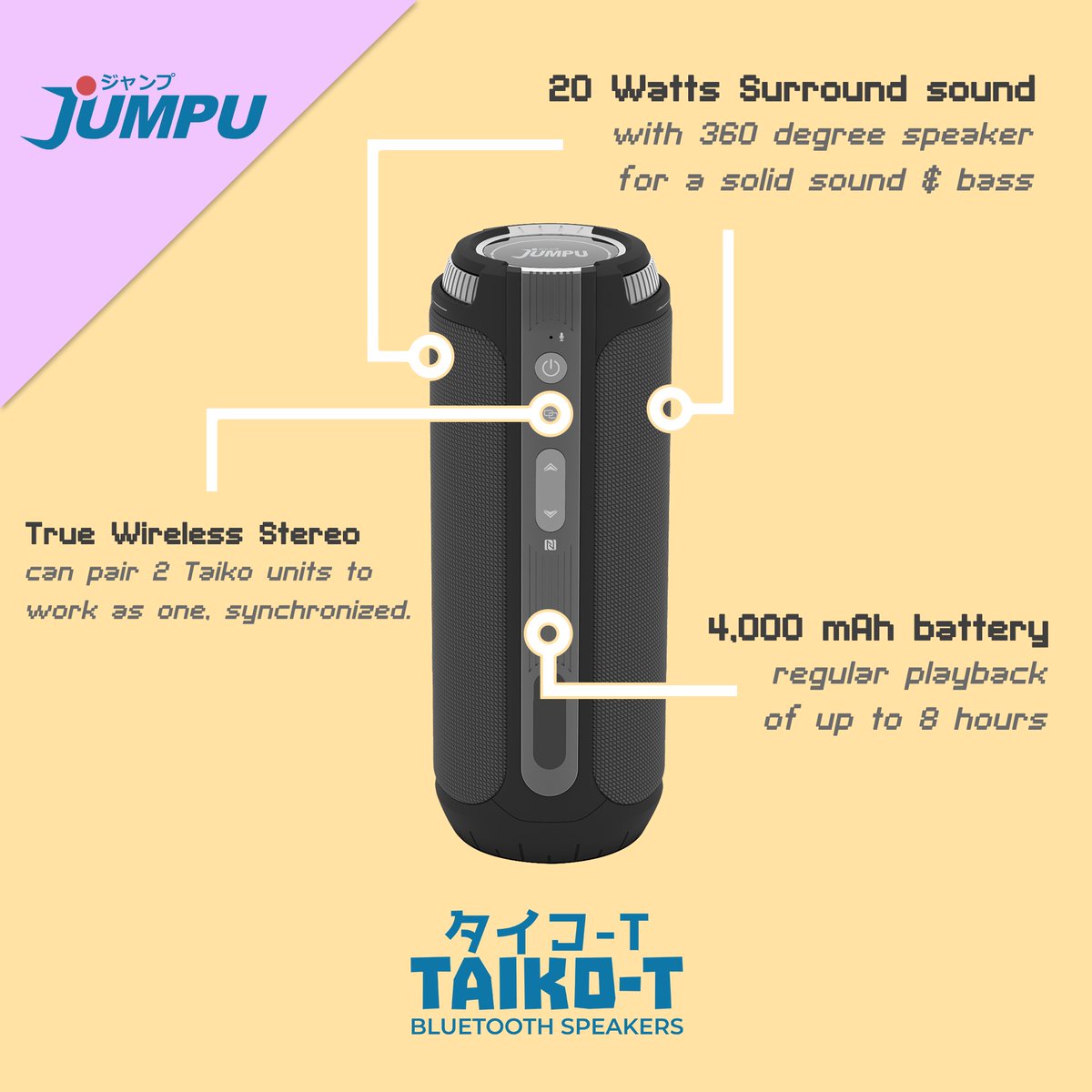 JumpuJp's tweet photo. Did you know? You can pair 2 Taiko Units to work as one, synchronized! That means 2x the True Surround Sound, 2x the True Wireless Stereo and 2x the regular playback of up to 8 hours! Get yours via https://t.co/eAaLROSYMQ now! #jumpujp https://t.co/LAaZP9qJ6R