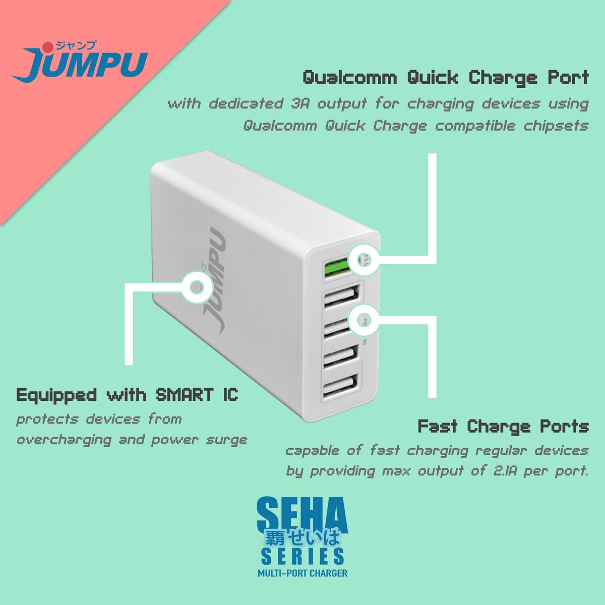 JumpuJp's tweet photo. The Seha series has Qualcomm Quick Charge Ports, Fast Charge Ports, and is equipped with Smart IC. That means no more fighting over charging slots! #RememberToRecharge, and grab yourself your phone’s next best friend at https://t.co/eAaLROSYMQ. #jumpujp https://t.co/vW2yY5EKGf