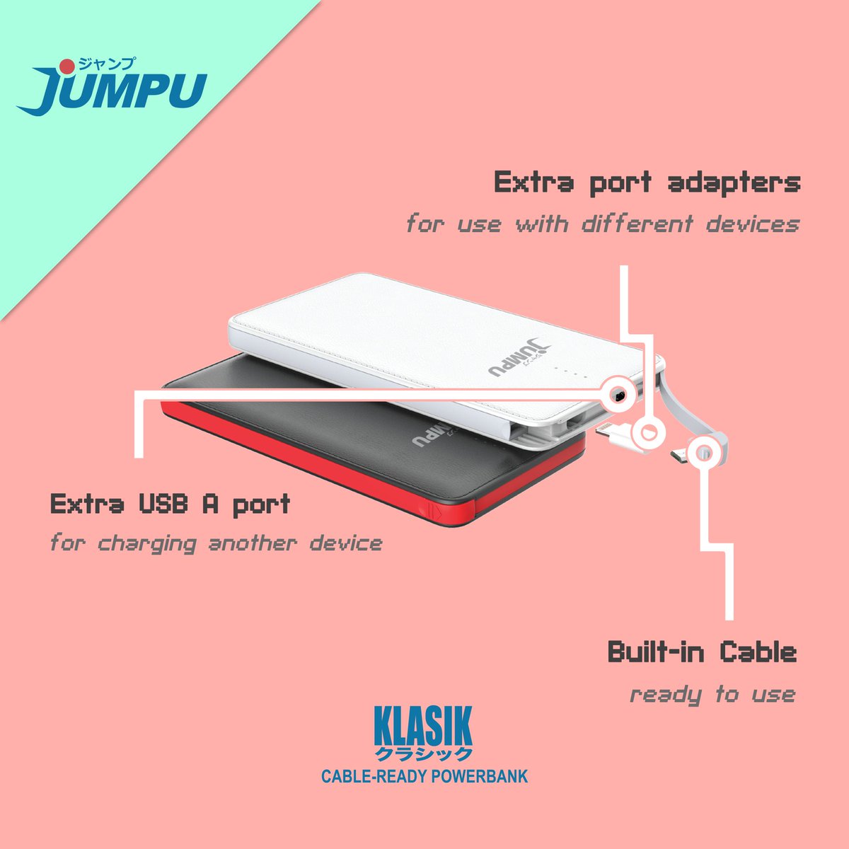 JumpuJp's tweet photo. Need to charge different devices at the same time? Forgot your cable at home?
Man, have we got the powerbank for you. The Klasik Powerbank comes with it’s own built-in cables, an extra port, and an adapter so it can always be ready - even when you aren’t! #jumpujp https://t.co/pcuxzLs3og