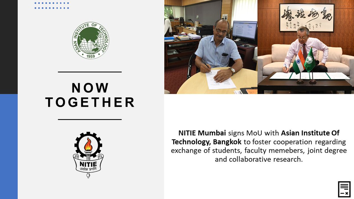 IIMMumbai's tweet photo. NITIE Mumbai signs MoU with Asian Institute of Technology, Bangkok, Thailand. https://t.co/VzOtQKZRoQ