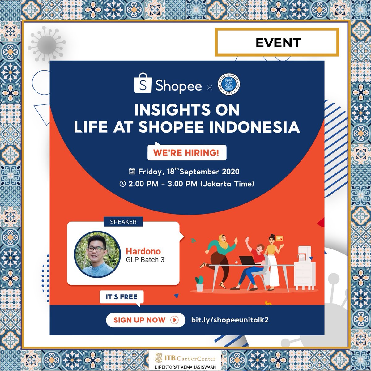 ITBCareerCenter's tweet image. [EVENT]

Shopee is delighted to host a webinar for Institut Teknologi Bandung students! 

The event is aimed to share insightful experiences and stories on how we live the #LifeatShopee tags. We might also give you some tips and tricks to join our force!