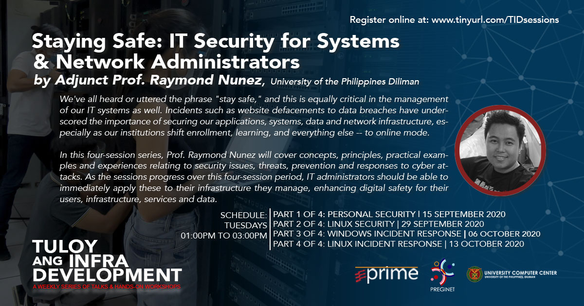 PCARIPRIME's tweet photo. Brush up on the importance of securing our institutions' network infrastructures and applications, especially in these times, with this 4-part workshop on IT Security.

Part 1 of 4: Personal Security
Register at: https://t.co/YI4LZ0VhWf https://t.co/98hxHqLgXI