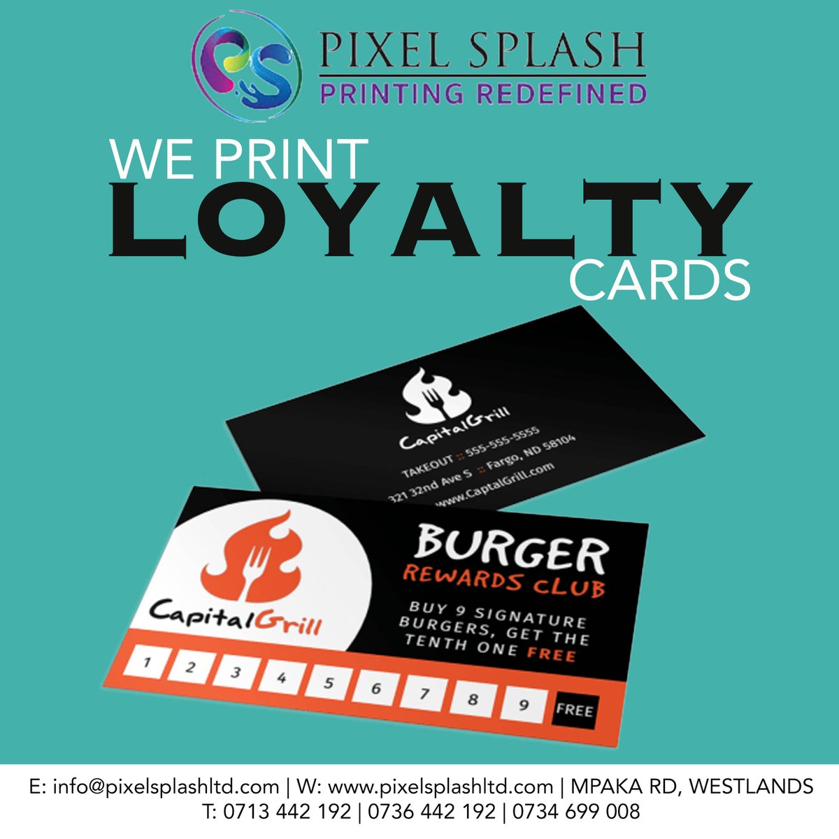 Pixelsplashltd's tweet photo. We print restaurants, cafes, and hotels loyalty cards with the best quality print in town. Contact us today.
#loyaltycards #printing #quality #nairobi #restaurants #hotels #cafes #pixelsplashltd https://t.co/tF1Ze27Epb