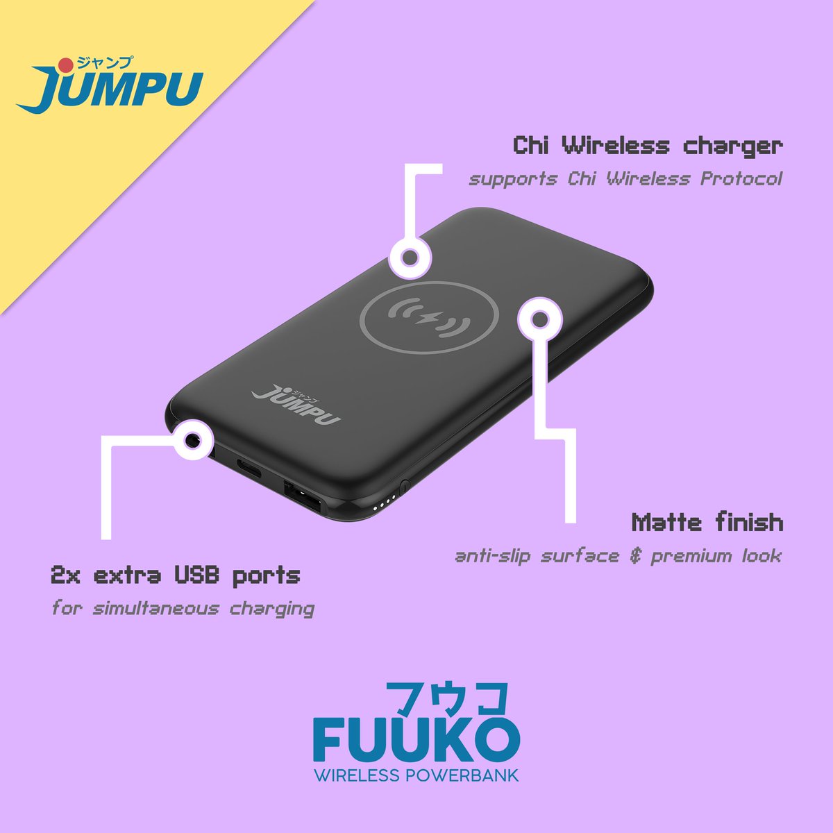 JumpuJp's tweet photo. A Chi Wireless charger, 2x extra USB ports and a Matte finish to keep your phone in place? All that and more when you grab the Fuuko Wireless Powerbank from https://t.co/eAaLRPaAbq! #jumpujp https://t.co/uJXo1hOcpn