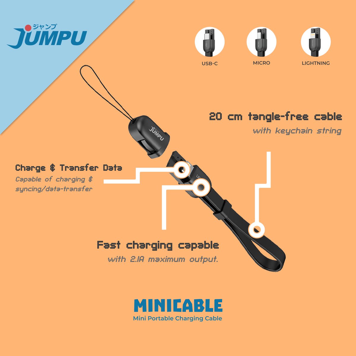 JumpuJp's tweet photo. Need one less thing to worry about? We gotchu. Our MiniCable can quickly charge &amp; transfer data and keep your life tangle free while staying handy on your keychain - yours via https://t.co/eAaLRPaAbq! #Jumpujp https://t.co/NqxVE95t5k