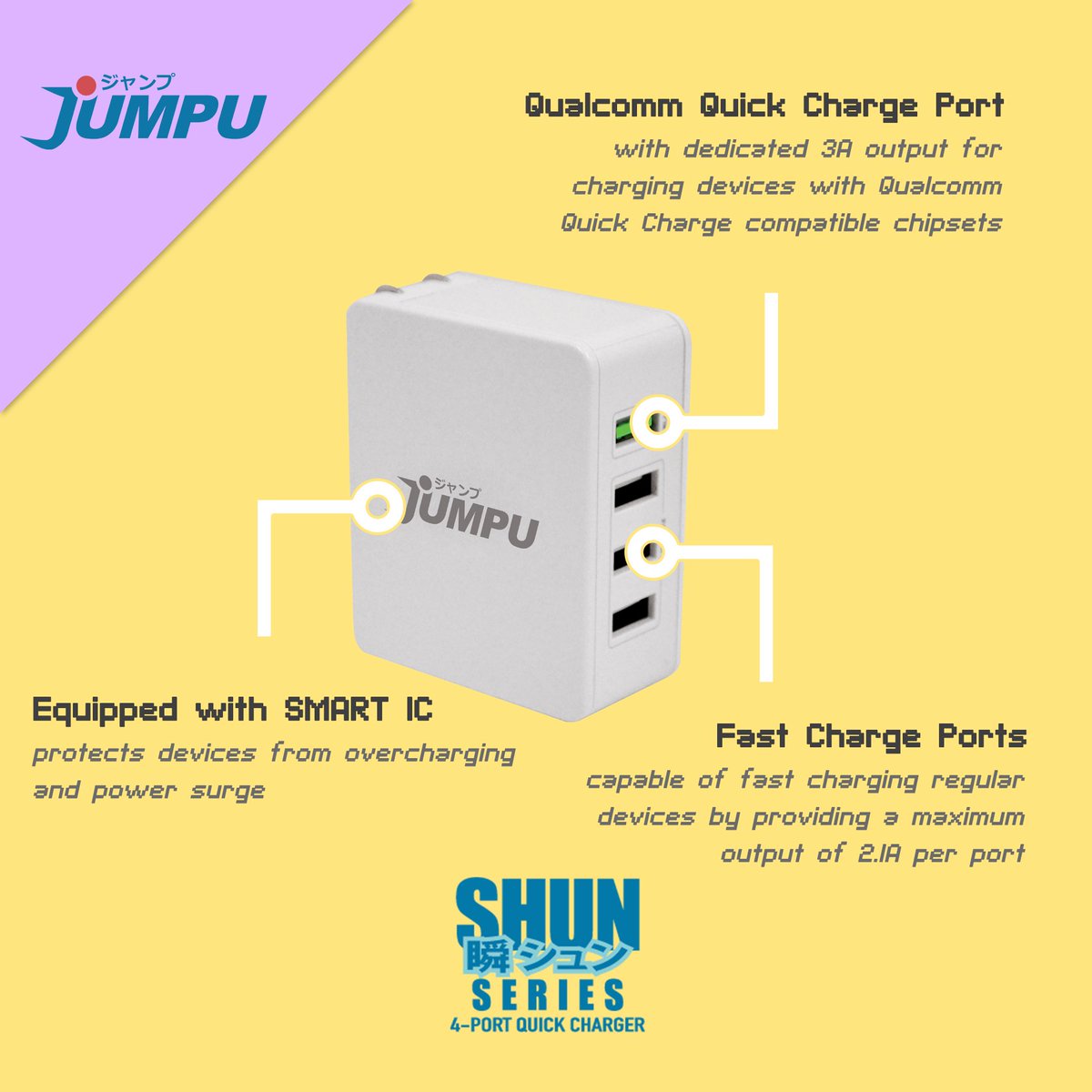 JumpuJp's tweet photo. #RemembertoRecharge with our Shun Quick Charger! With 3 Fast Charge Ports + 1 Qualcomm Quick Charge Port, it’s also equipped with Smart IC to protect your devices from overcharging and power surge. Grab yourself one via https://t.co/eAaLROSYMQ! https://t.co/2pEdtTScp9