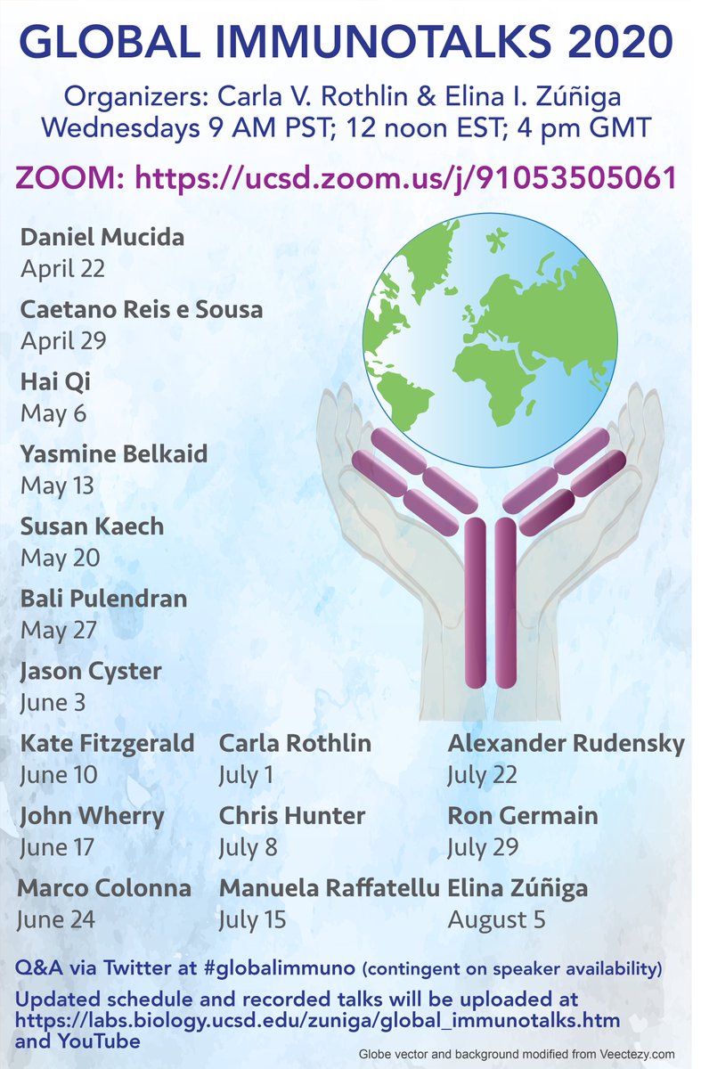 Looking forward to our next #globalimmuno talk this Wednesday 9/16/20 at 9am PST noon EST 4pm GMT by Dr. Dan Littman 
Title: "Homeostatic and pathogenic cell interactions at the gut microbiota-mucosa interface" 
LINK: ucsd.zoom.us/j/91053505061