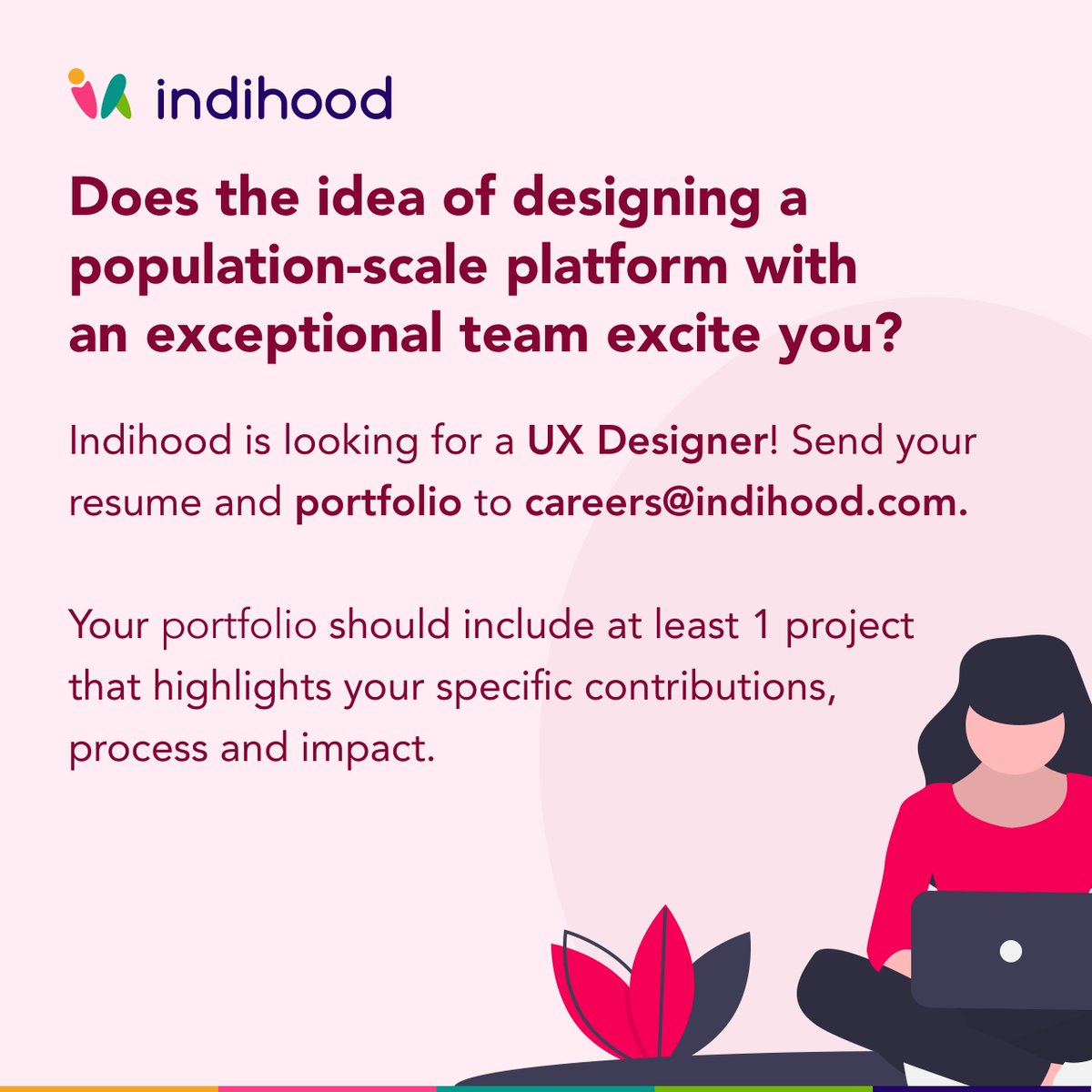 Indihood (@indihood_) on Twitter photo Indihood is looking for a UX researcher and UX designer to further our mission of building a population-scale platform.
Be a part of an awesome, fun-loving team and help establish a strong UX culture.
Send your resume *and portfolio* to careers@indihood.com
#InCommunityWeTrust Indihood is looking for a UX researcher and UX designer to further our mission of building a population-scale platform.
Be a part of an awesome, fun-loving team and help establish a strong UX culture.
Send your resume *and portfolio* to careers@indihood.com
#InCommunityWeTrust