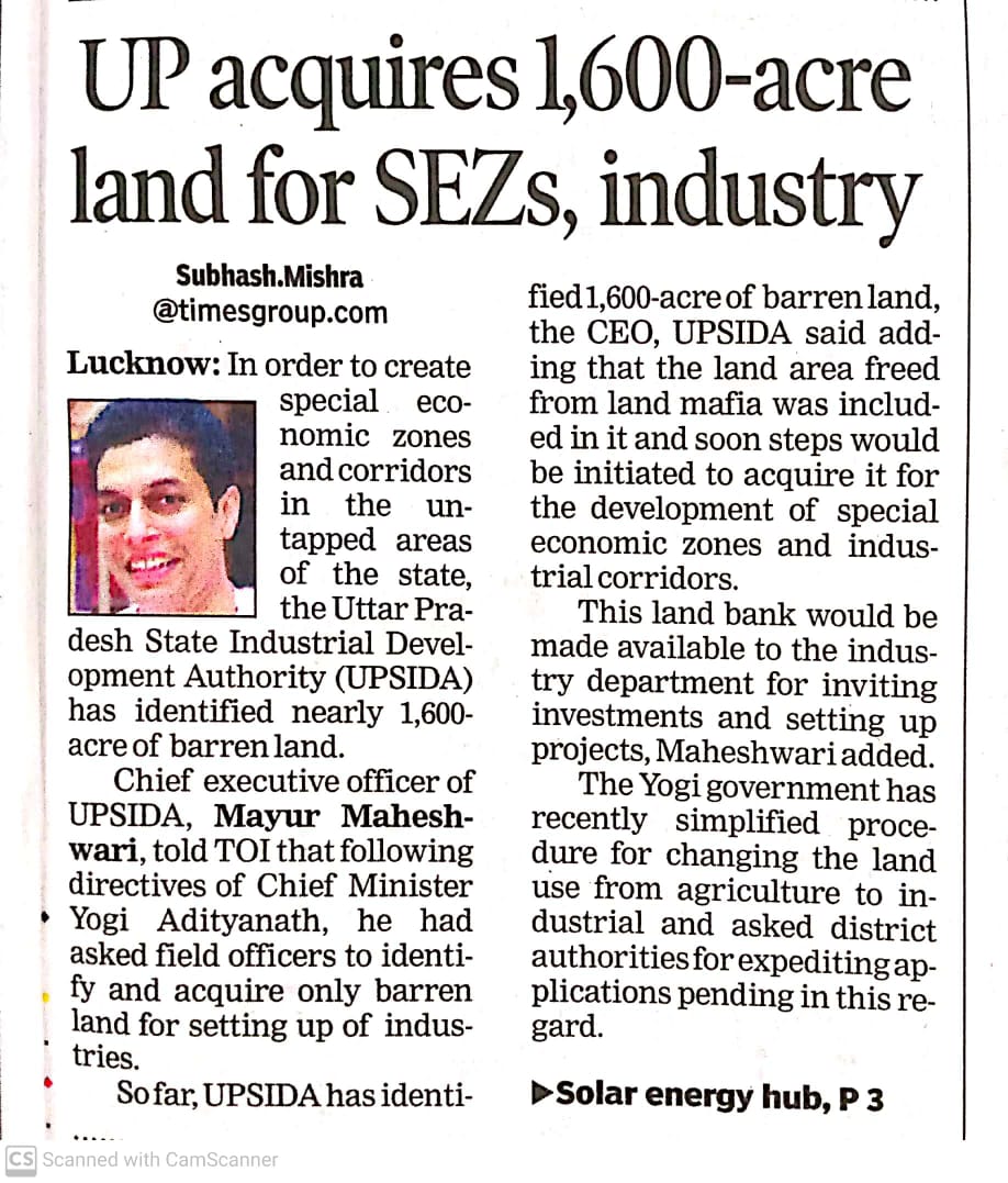 UPSIDA's tweet photo. A special campaign to identify and acquire barren land pockets for industrial use was launched under the directions of CEO UPSIDA, Mr. Mayur Maheshwari. Approx. 1600 acres of barren land in different districts of UP have been identified and acquisition is under process by UPSIDA. https://t.co/4p4ecOBD1f