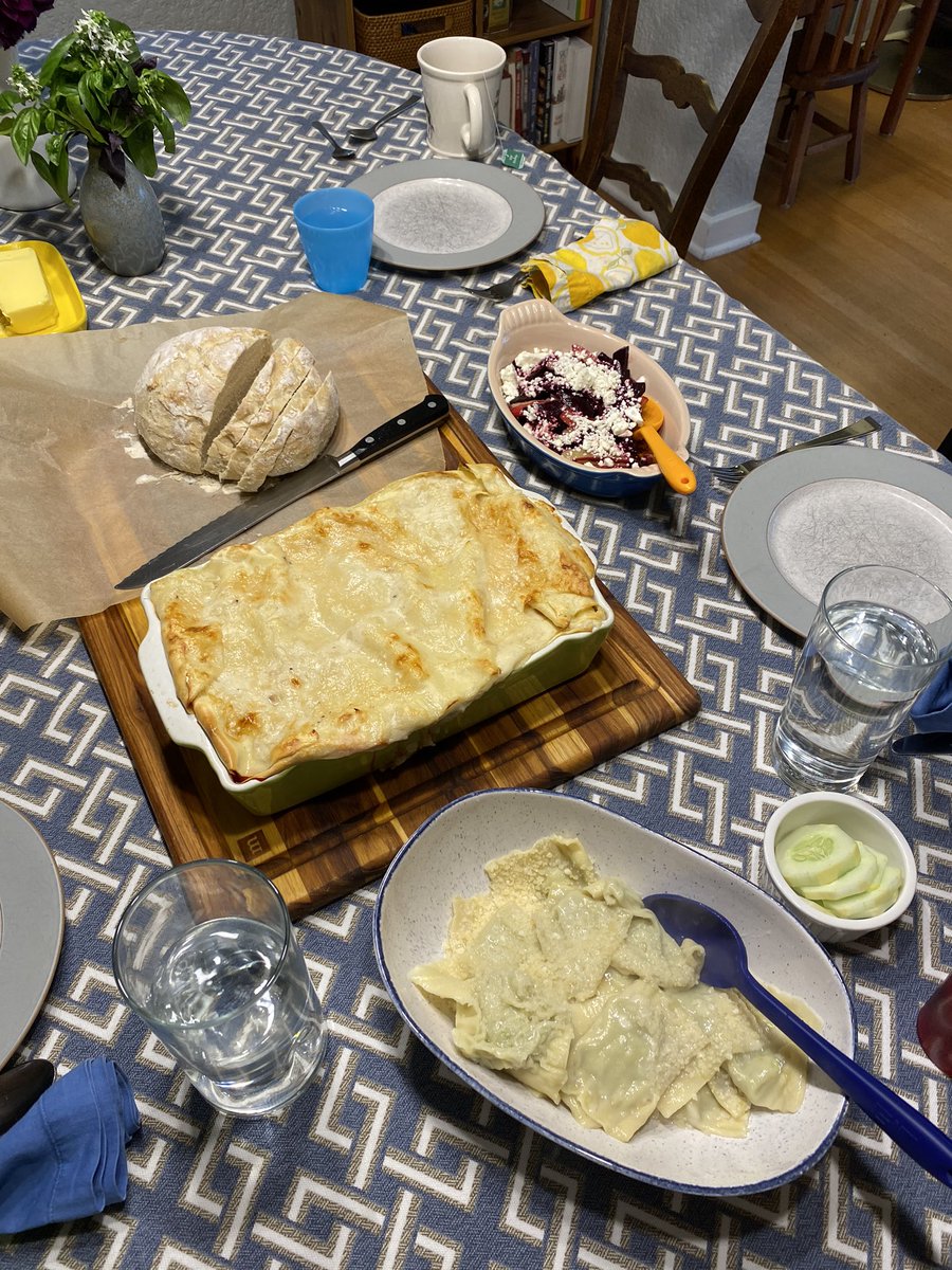 @KaminskiMed @jacepeabody @JeremieLever @maddog1066 @TaylorBono @Eickelberg_MD @Kyle_Bramley @MariaCBasil @PisaniMAP @DelaCruzYaleMed @TheElimelechLab After a busy week of consults, it was a busy day cooking lasagna (fresh made noodles and ricotta), pesto ravioli (assembled by mini-me), beet-feta salad, and fresh baked bread. #pccmeats #pedspulmeats