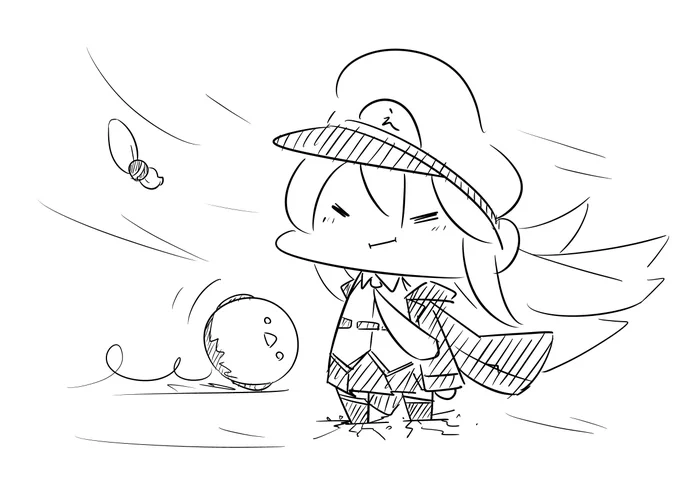 一年以上前にあの格好ではないですが強風に抗うエンプラちゃん描いていた。 