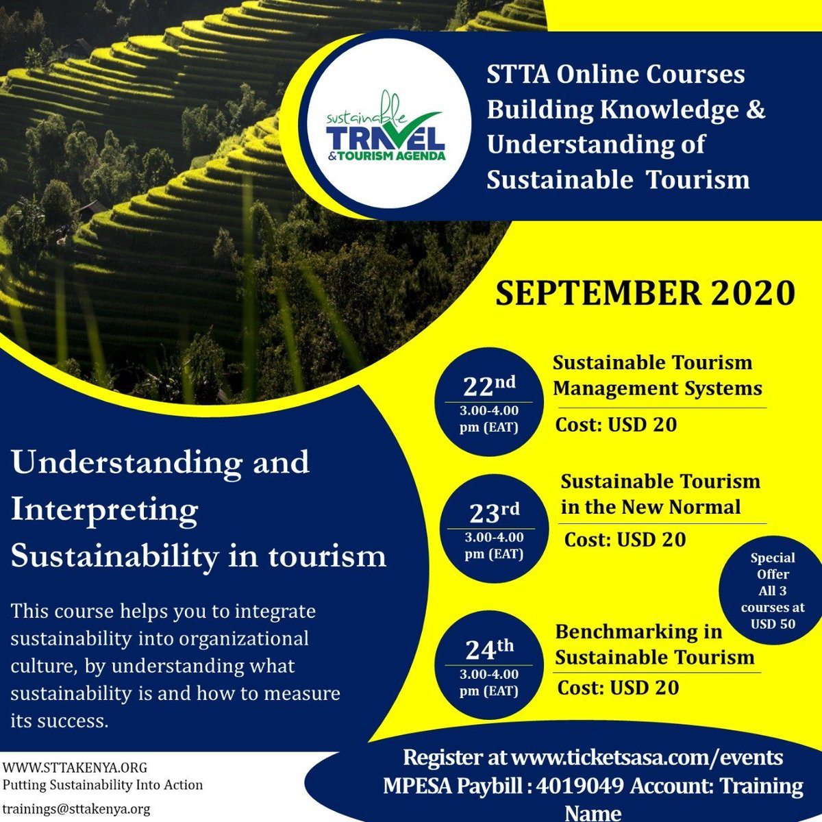 STTAKenya's tweet photo. Wondering how to make sustainability part of your daily operations and management in #tourism? 

Get practical tools to guide your sustainability journey from our trainings now available online. https://t.co/R8E98vfBGH

Training dates: September 22nd to 24th. 
#sttaconsulting https://t.co/K3a4cB6Y7A