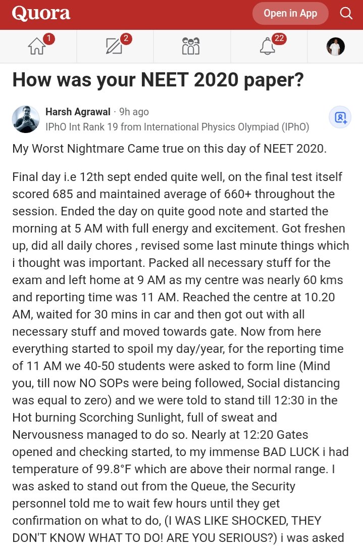DrMeet_Ghonia's tweet photo. Read this whole Story!

Sorry to say that but @DG_NTA @DrRPNishank should interfere for Students like these🙏

He is topper and got 650+ in all Mock Exams.

But,
Bcz of High Temperature,Question Paper was given to him at 3:27 PM. Although,he wrote 120 Questions Correctly 1/2 https://t.co/34MPrOMwNG