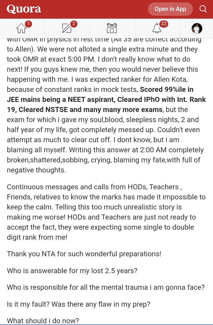 DrMeet_Ghonia's tweet photo. Read this whole Story!

Sorry to say that but @DG_NTA @DrRPNishank should interfere for Students like these🙏

He is topper and got 650+ in all Mock Exams.

But,
Bcz of High Temperature,Question Paper was given to him at 3:27 PM. Although,he wrote 120 Questions Correctly 1/2 https://t.co/34MPrOMwNG