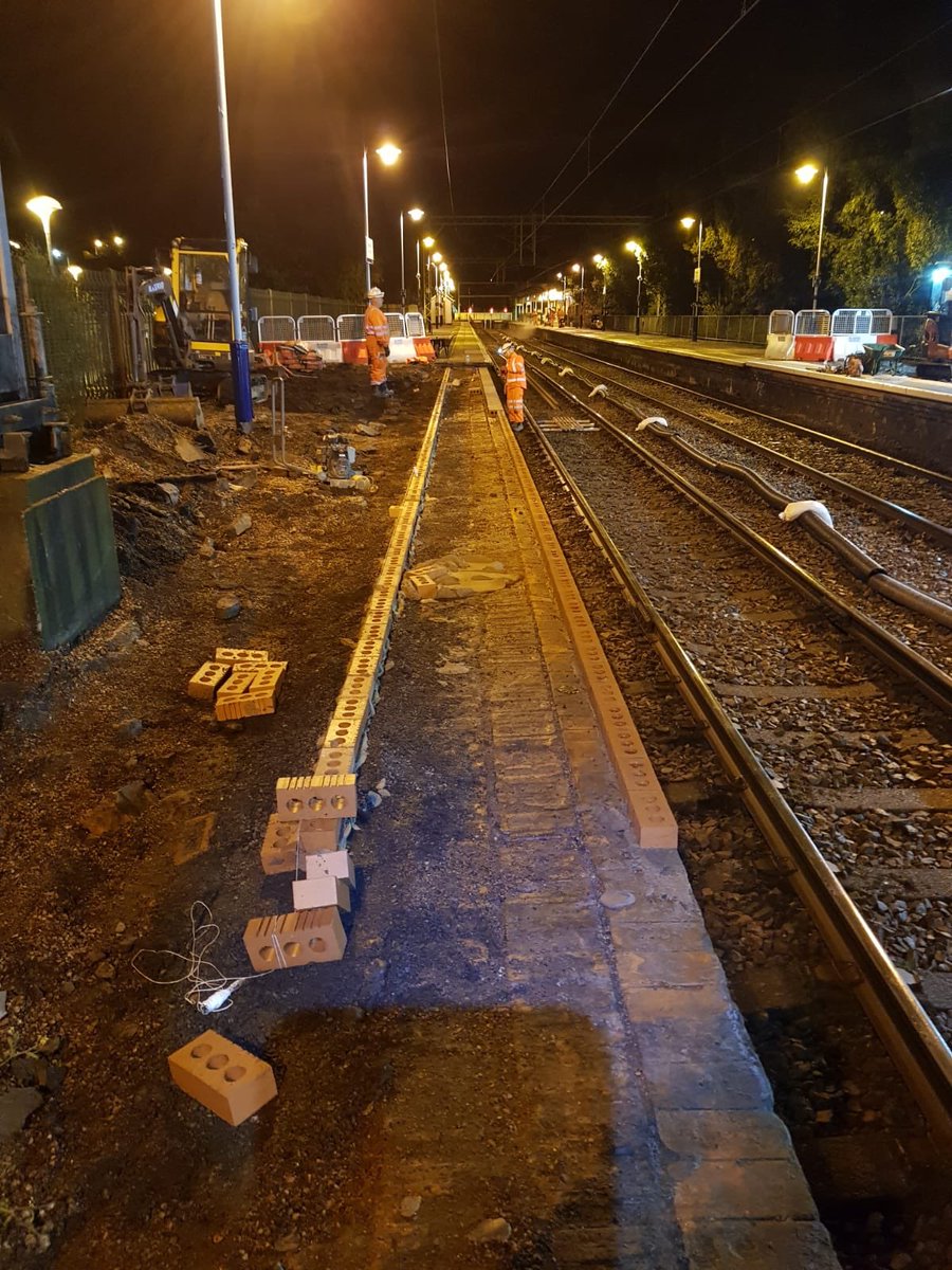 MSL_Scotland's tweet photo. Progress images of the works the MSL Team have been carrying out at Milngavie Station for our client AMCO. The team are resetting 120m of copes and have been working at night in order to minimise disruption #MSLProjects https://t.co/9HLmxfmTpO