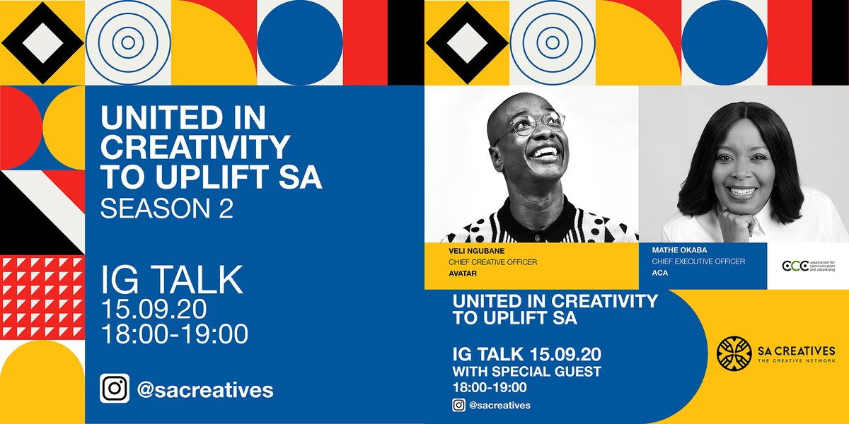 thesacreatives's tweet photo. Join @TheNduna, CCO of @Avatar_ZA as he gives us an encore of our #UnitedInCreativity sessions this Tuesday at 6pm. He will be hosting @MatheaModimo, CEO of ACA - Association for Communication and Advertising. Watch it here: https://t.co/DYXLAa9CuD #UnitedInCreativity https://t.co/AYToSXcxWo