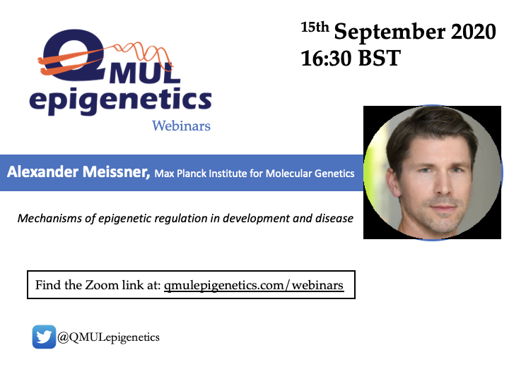 QMULepigenetics's tweet photo. We are back! Our next webinar is on Tuesday, 15th at 4.30pm BST. Alexander Meissner from Max Planck Institute for Molecular Genetics will be talking about "Mechanisms of epigenetic regulation in development and disease". Zoom link is at https://t.co/CbmwrgU7Fe. Pl Join us https://t.co/JJHLL6LLBa