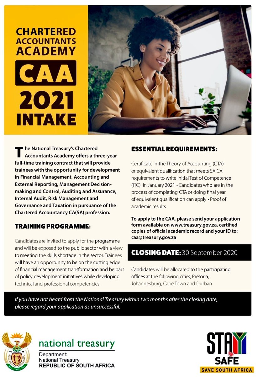 Wits_GRP's tweet image. Dear CTA students

Please kindly see the job opportunity below from @TreasuryRSA

Closing date : 30 September 2020

#jobseeking #jobopportunity #OpportunityForStudents