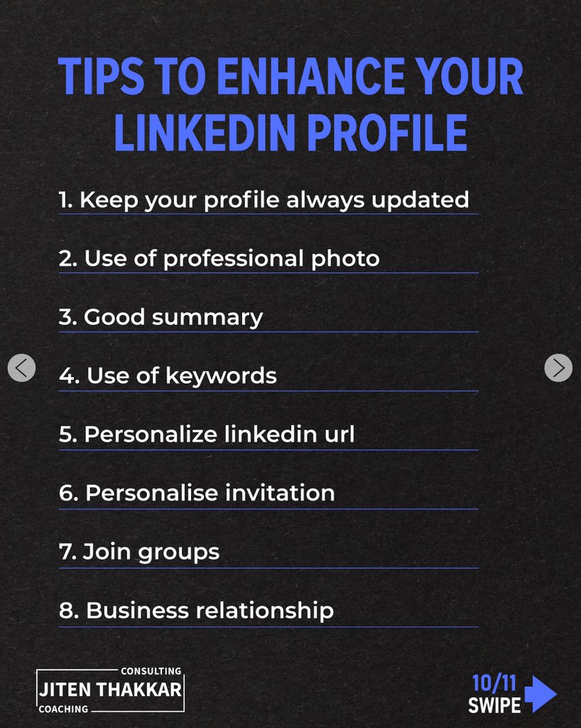 iamJitenThakkar's tweet image. 8 Tips to enhance your LinkedIn profile

If you’re thinking of updating that LinkedIn profile right now, here are top tips on how to improve your LinkedIn game
#linkedinprofile #linkedin #linkedintipsandtricks #linkedincoach #digitalforever #growthhacking #linkedintips #linkedin