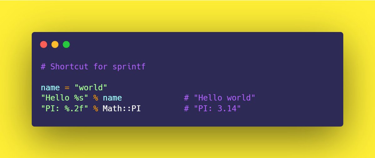 lexromanovdev's tweet photo. Ruby tip #2: Shortcut for sprintf
#rubytips #codetips #ruby #rails @rails
https://t.co/5K9w58uHVh