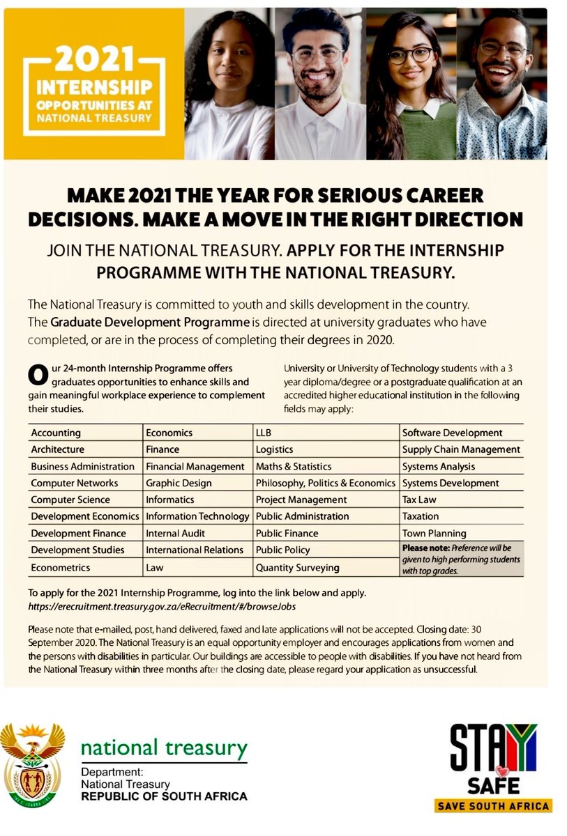 Wits_GRP's tweet image. Dear Students

Please see the details of the job opportunity from the @TreasuryRSA

Closings date: 30 September 2020

#jobopportunity #jobseeking #OpportunityForStudents