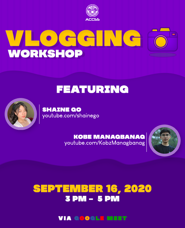 ateneoaccess's tweet photo. Ever wanted to start your own channel full of content and life stories? Look no further with our Vlogging workshop this Wednesday with AdDU personalities @Kobzxc and @shaineego! See you this Wednesday at 3 pm in Google Meet. Open to all AdDU students! https://t.co/rZExsai7Fw