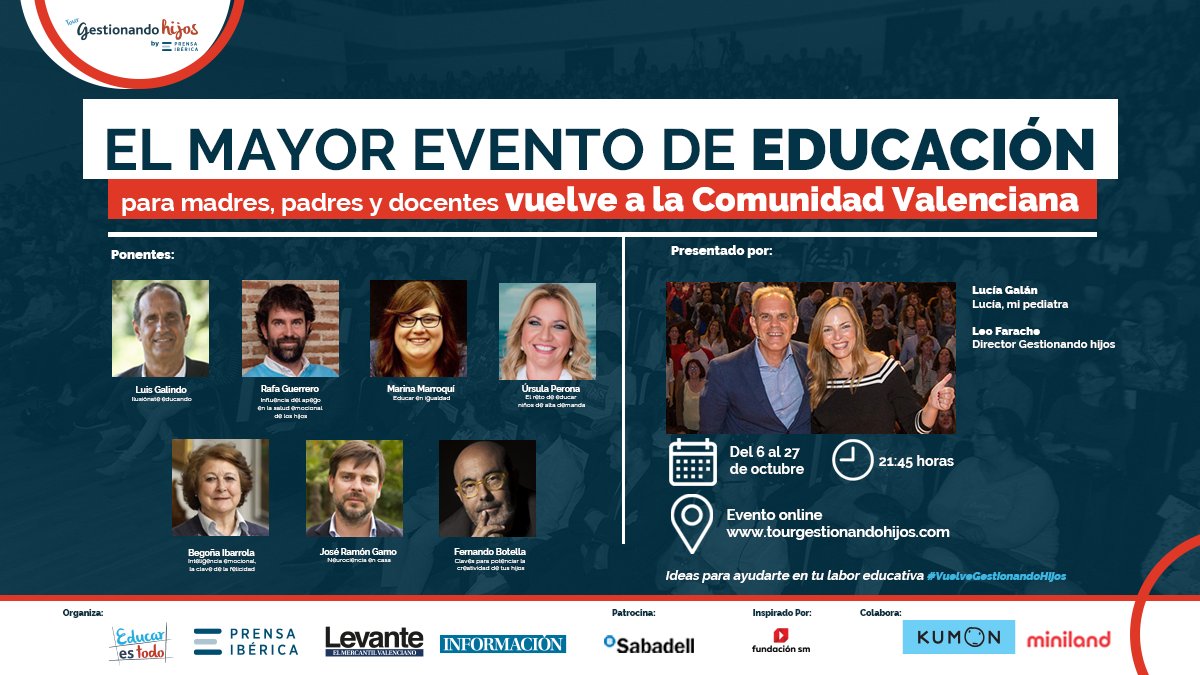 Educando_Hijos's tweet photo. #VuelveGestionandoHijos, el mayor evento de educación de la mano de @GestionaHijos. La edición de la Comunidad Valenciana será online y totalmente gratuita. Aquí tenéis toda la información: https://t.co/U188i2Ngys #megustaeducar https://t.co/n4o9nQj8UG