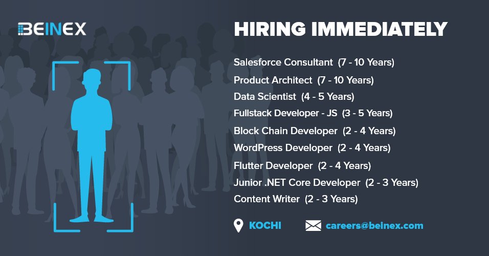 BeinexOfficial's tweet photo. Are you the one? We are expanding our team! Multiple vacancies open for immediate joining in our #Kochi location! , send your resume to careers@beinex.com
#Beinex #Hiring #Vacancies #Kochi #salesforceconsultant #Productarchitect #fullstackdevelopers #blockchainjobs #fultter https://t.co/uOptUx17ws
