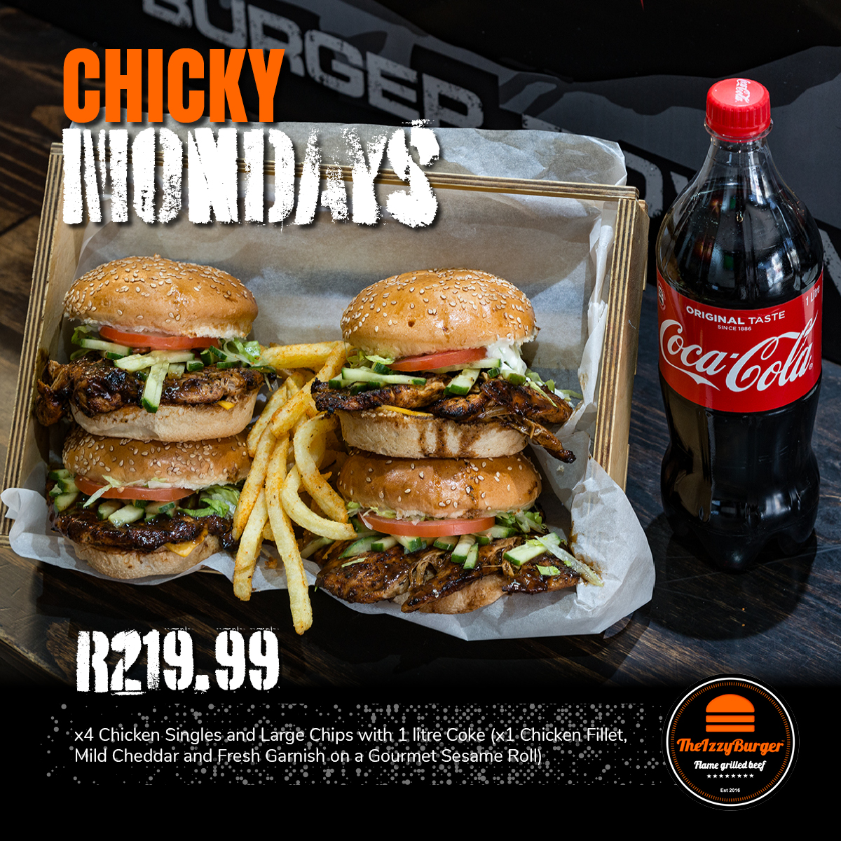 3 is a crowd. 4 is a party! Perfect for the family or a group of friends! You get: x4 Chicken Singles and Large Chips with 1 litre Coke (x1 Chicken Fillet, Mild Cheddar and Fresh Garnish on a Gourmet Sesame Roll.