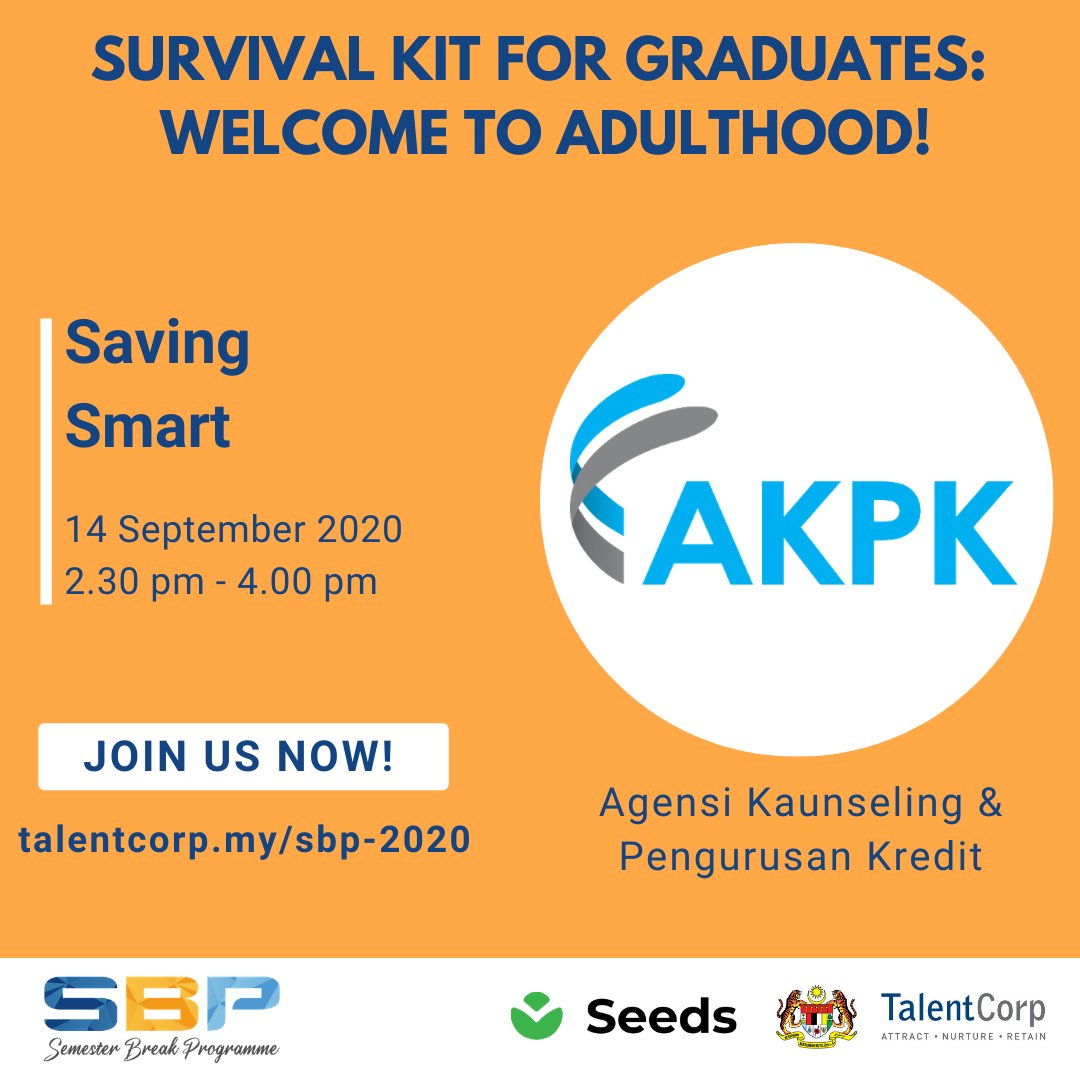 TalentCorpMsia's tweet photo. For our final session, we have Mr Mohd Fauzi from @AKPKofficial who will be talking about the company's services and how to #SaveSmart! Catch it live now ๐
https://t.co/NbE9sVHeuH
#SemesterBreakProgramme https://t.co/ItU6YV4MpN