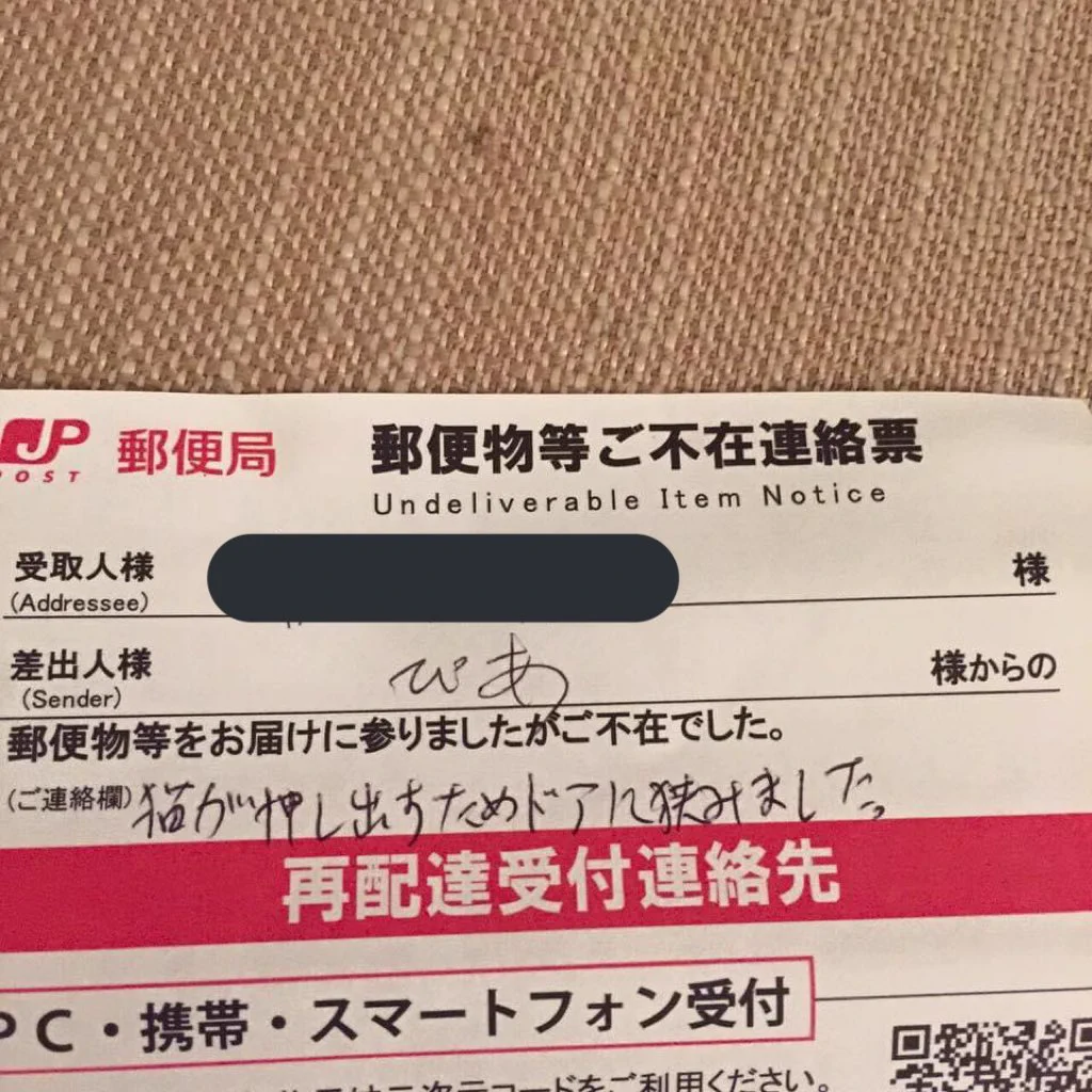 不在票に書かれた「猫がいて入れられませんでした」とは？試してみたら本当に猫が押し出していた！
