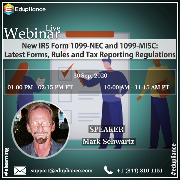 edupliance's tweet photo. Click here https://t.co/rNyHGIcSCg to join our next upcoming #webinar on 30th Sept. 2020 to learn the New #IRSForm #1099NEC and #1099MISC - Latest Forms, Rules, and Tax Reporting Regulations by Mark Schwartz. @edupliance #HR #Payroll #compliance #education #eLearning #edupliance https://t.co/o8uez9eEKQ