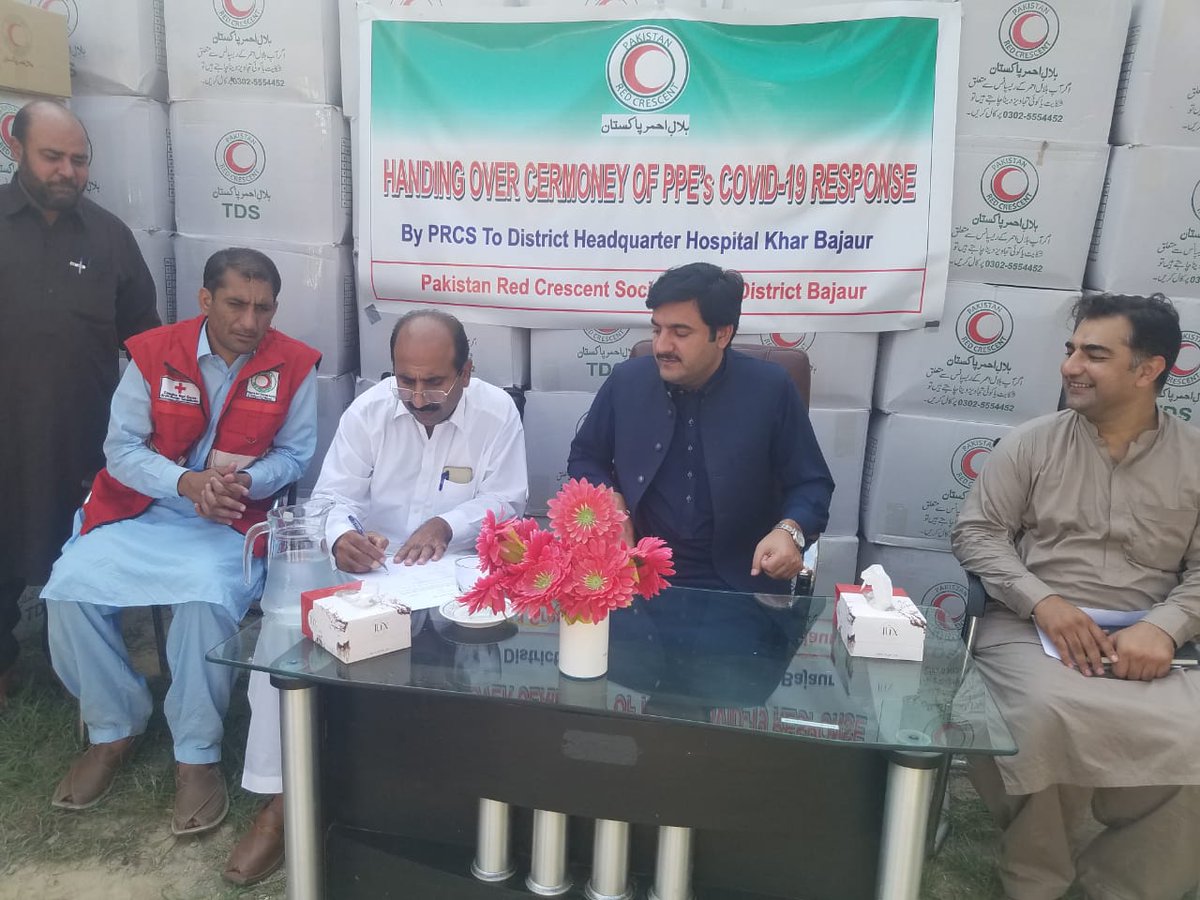 prcsfata's tweet photo. To Enhance the #Covid_19 Emergency Response and make sure Safety of Health Workers. #PRCS Handed Over  (PPEs) to District Headquarter Hospital Khar (Bajure). A Ceremony held at PRCS Bajaur Office today in which Deputy Commissioner Bajaur Participated as a Chief Guest. https://t.co/8AqjDgQ9Fb