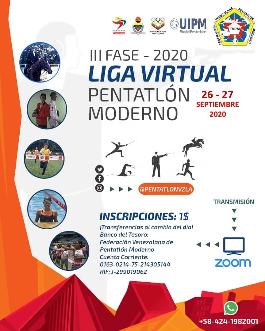 La Federación Venezolana de Pentatlón Moderno, informa a todos nuestros atletas, que ya están abiertas las inscripciones para la III Fase de la Liga Virtual de Pentatlón Moderno.<a href="/indeporteve/">Instituto Nacional de Deportes</a>
@minjuventdydep <a href="/covofficial/">COVO</a> <a href="/puntoolimpico/">Punto Olímpico</a> @petitjho <a href="/lsalas02/">Luis Salas</a> <a href="/juanamarante/">juan carlos amarante</a>