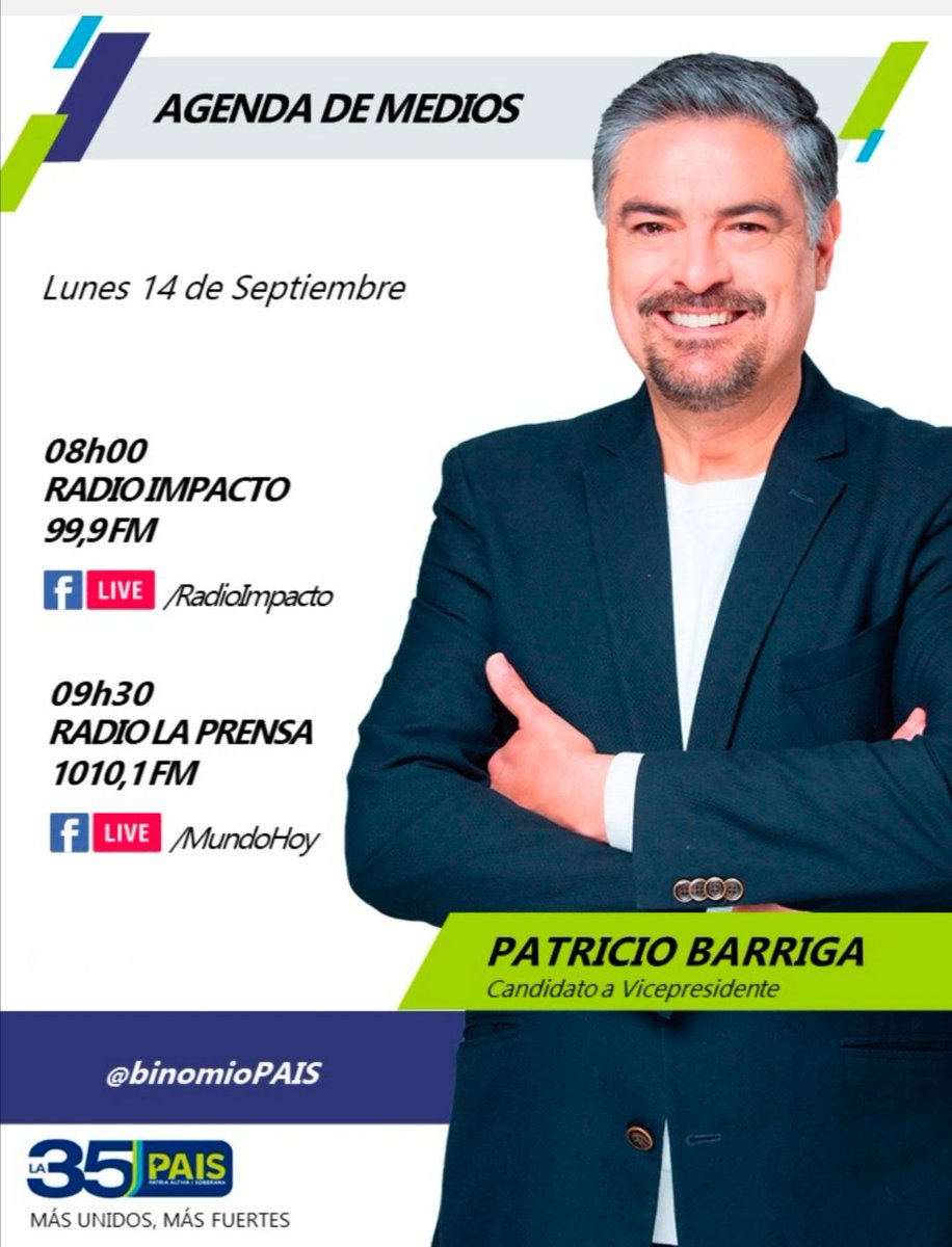 Acompaña la agenda de medios de nuestro candidato a la vicepresidencia Patricio Barriga.

<a href="/PPancia/">Patricio E. Barriga</a>
<a href="/mundohoyEc/">En Voz Baja Ec</a>
<a href="/radioimpactoec/">Radioimpactoec</a>