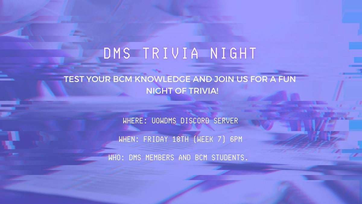 Are you a meme expert? 
Have you been paying attention to the BCM twitter feed? 
How much do you know about the BCM degree? 

Come and test your knowledge this Friday at the UOWDMS Trivia Night! 🧐 #bcm114 #bcm111 #bcm206 #bcm302 #bcm320 #bcm241 #bcm215 #bcm216 #bcm303 #bcm304