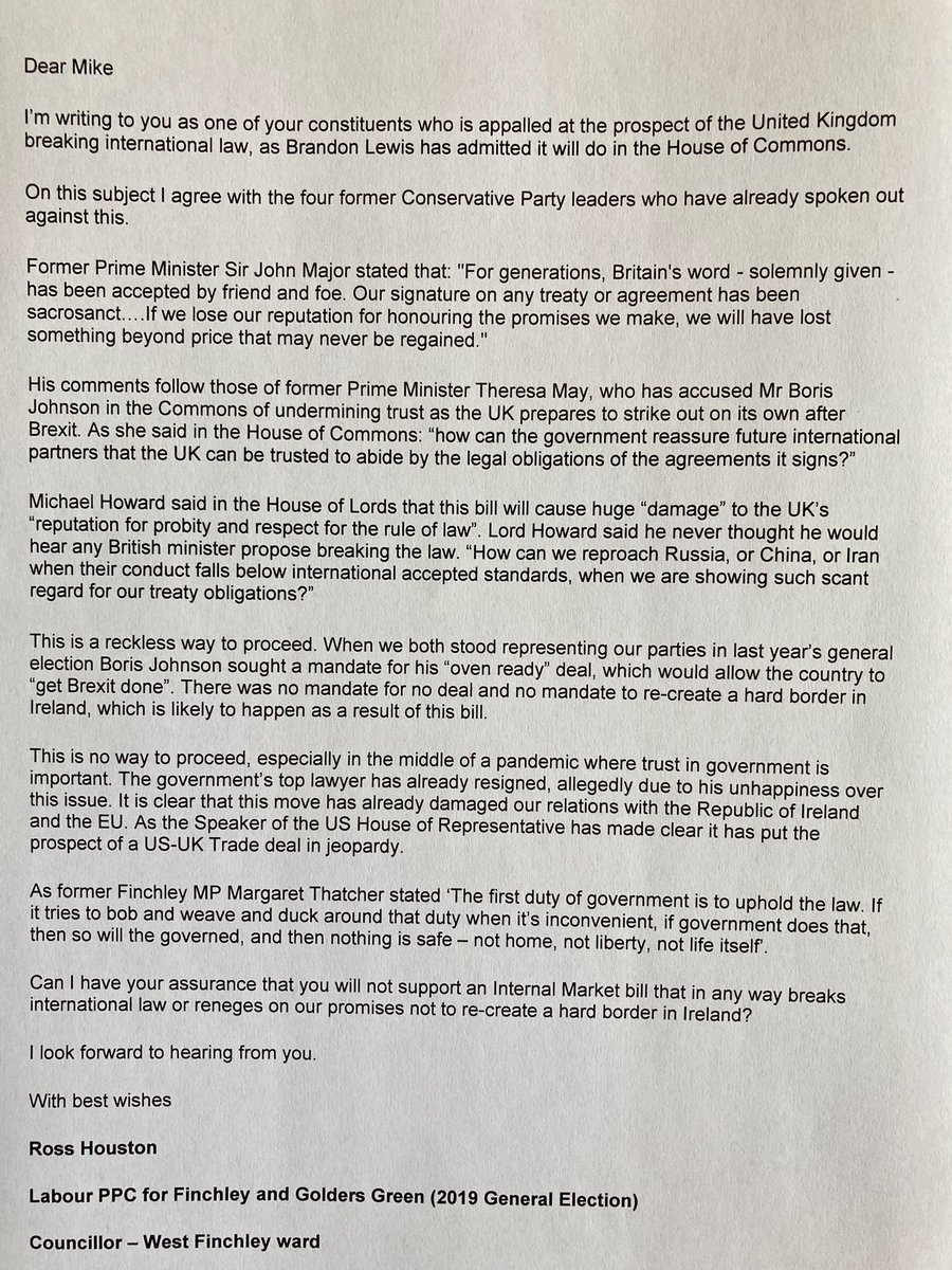Johnson’s pro Brexit ex Attorney General Geoffrey Cox: “It is unconscionable that this country, justly famous for its regard for the rule of law around the world, should act in such a way”. He’ll vote against the Internal Market Bill. Will Mike Freer do the same? My email to him.
