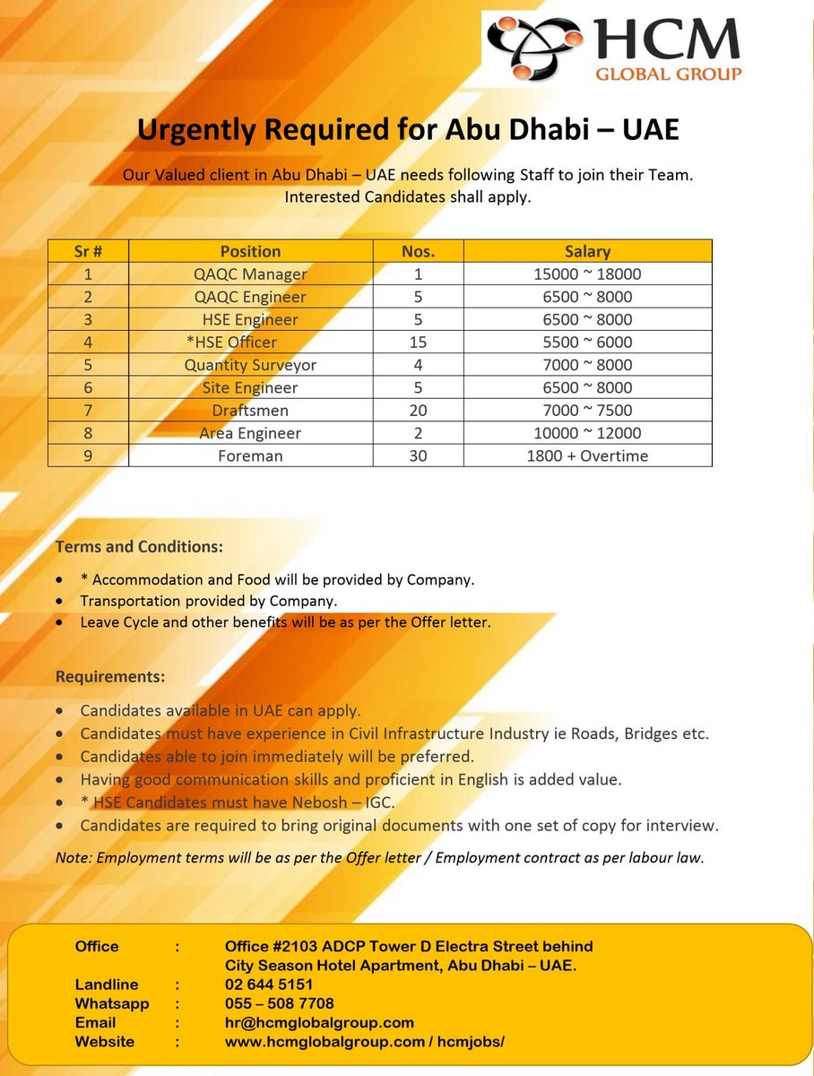 HCMGlobal's tweet photo. Dear All - Currently we are hiring following position (Link given below) for Abu Dhabi - UAE.

https://t.co/ZzBpEQr3Zq https://t.co/Gba126yUSW