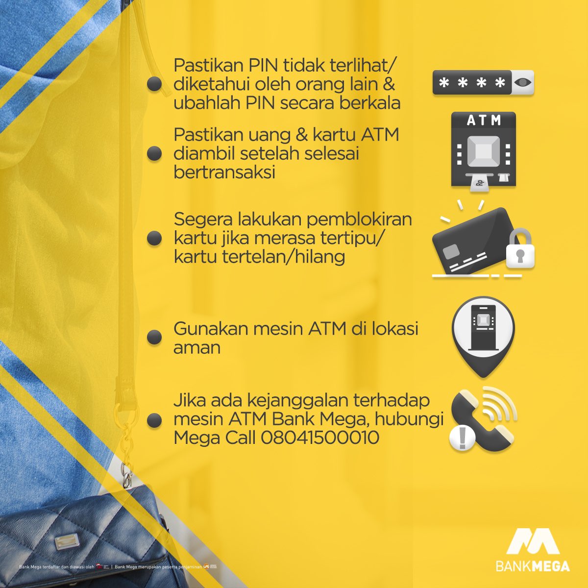BankMegaID's tweet image. Yuk simak dulu #MegaTips berikut agar aman saat bertransaksi di ATM. Kejahatan ada karena adanya kesempatan maka selalu waspada dan berhati-hati dimana pun kamu berada. ⁣

_____⁣
#BankMega