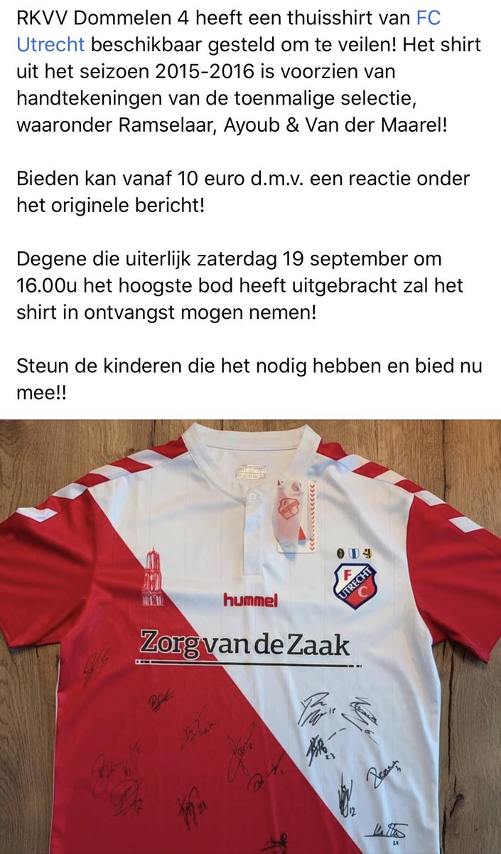 Onze vrienden van <a href="/RKVV_Dommelen/">RKVV_Dommelen</a> hebben een mooie #fcutrecht shirt in de veiling! Bieden kan tot 19-sep 16u via hun Facebook pagina facebook.com/18413793894405…