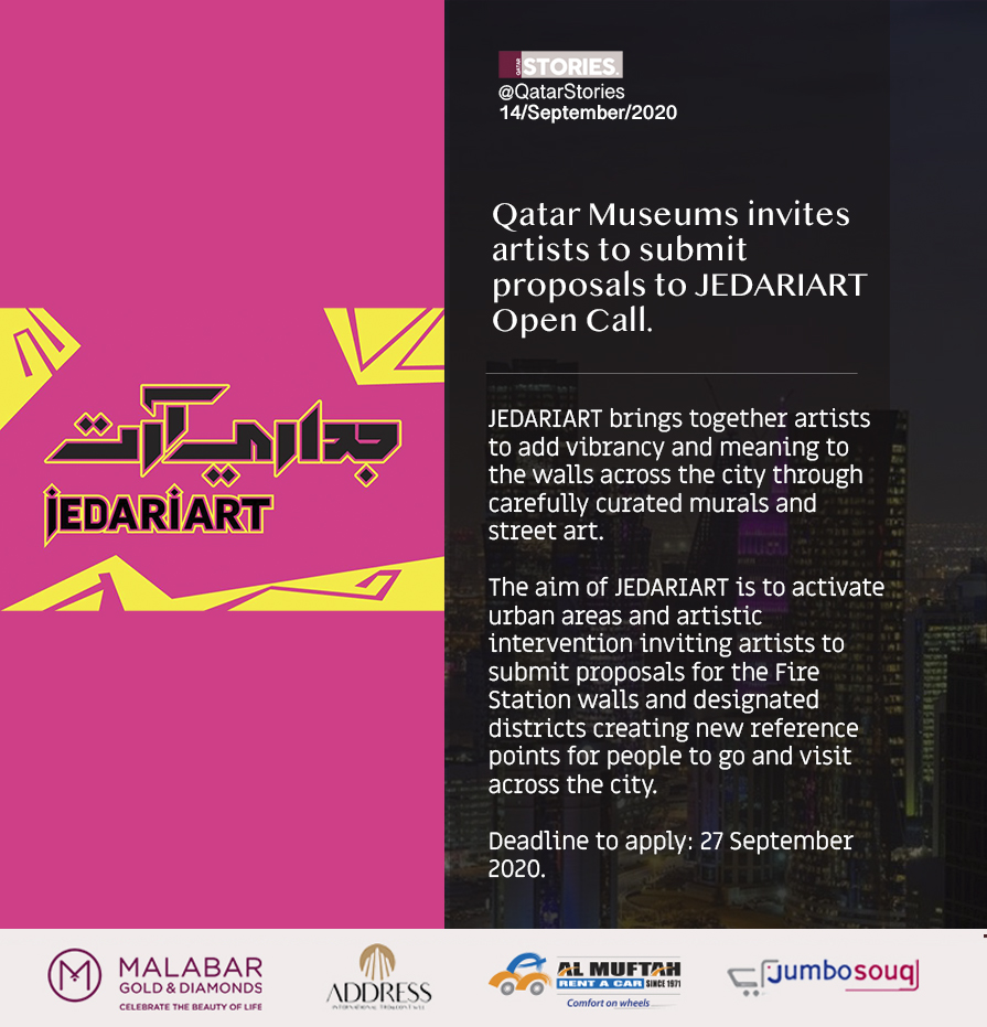 QatarStories's tweet photo. Qatar Museums invites artists to submit proposals to JEDARIART Open Call.Deadline to apply: 27 September 2020.
#QatarMuseums #QatarArt #Art #QatarNews #QatarUpdate #QatarStories #Doha #DohaArtist #JEDARIART https://t.co/Kfk6uuARy5