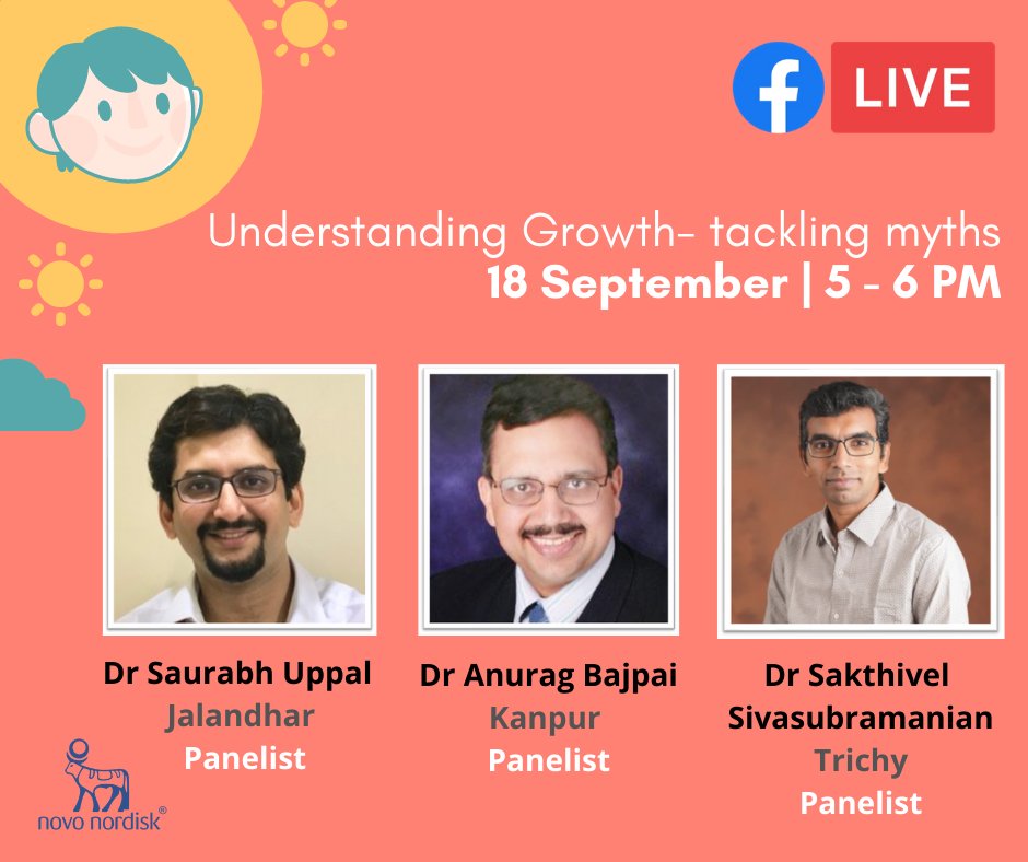 NovoNordiskIN's tweet photo. Join us for a Facebook live session as Dr Saurabh Uppal, @dr_anuragbajpai and Dr Sakthivel Sivasubramanian help us understand growth disorder and associated myths. #InternationalChildrensGrowthAwarenessDay #ICOSEP #ICGAD2020 https://t.co/7907vhJs4U