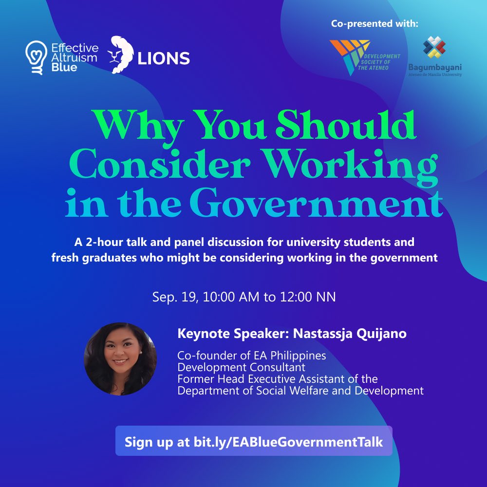 eablueph's tweet photo. Working in the government can be a highly impactful career path to enter. However, not many explore it or are unsure of how to start.
To join, please sign up at https://t.co/VcZeMxViXR !
To learn more about the event, RSVP at our page: https://t.co/IYl9467MZW.
#EABlueRecWeek https://t.co/yssbt9Y8Nm