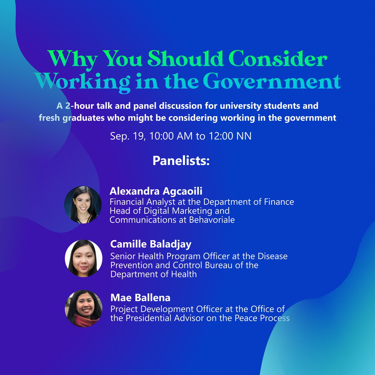 eablueph's tweet photo. Working in the government can be a highly impactful career path to enter. However, not many explore it or are unsure of how to start.
To join, please sign up at https://t.co/VcZeMxViXR !
To learn more about the event, RSVP at our page: https://t.co/IYl9467MZW.
#EABlueRecWeek https://t.co/yssbt9Y8Nm