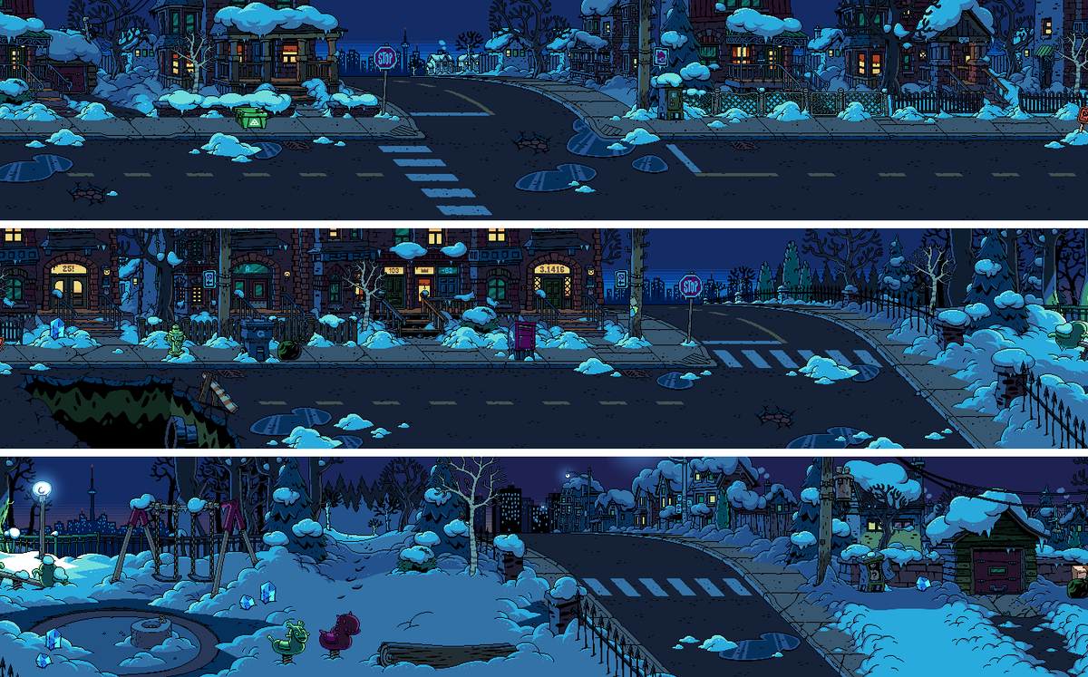 If you love modern pixel art, here a great thread by @JGSBoutain on Behance about the backgrounds he made for Scott Pilgrim vs The World : The Game : https://t.co/bqkGxQfMbL
(Behance login is required :/ ) 